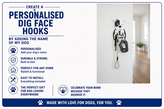 Dog face hook with customizable name on a white wall in a room.