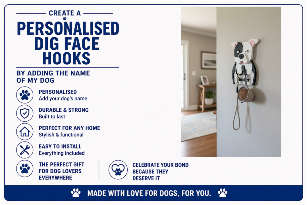Personalised dog face hook with text detailing features and benefits on a white background.