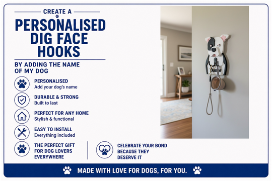 Personalised dog face hook with text detailing features and benefits on a white background.