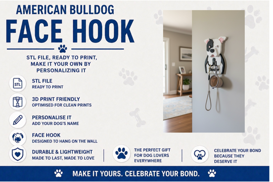 American Bulldog face hook with promotional text on a white background