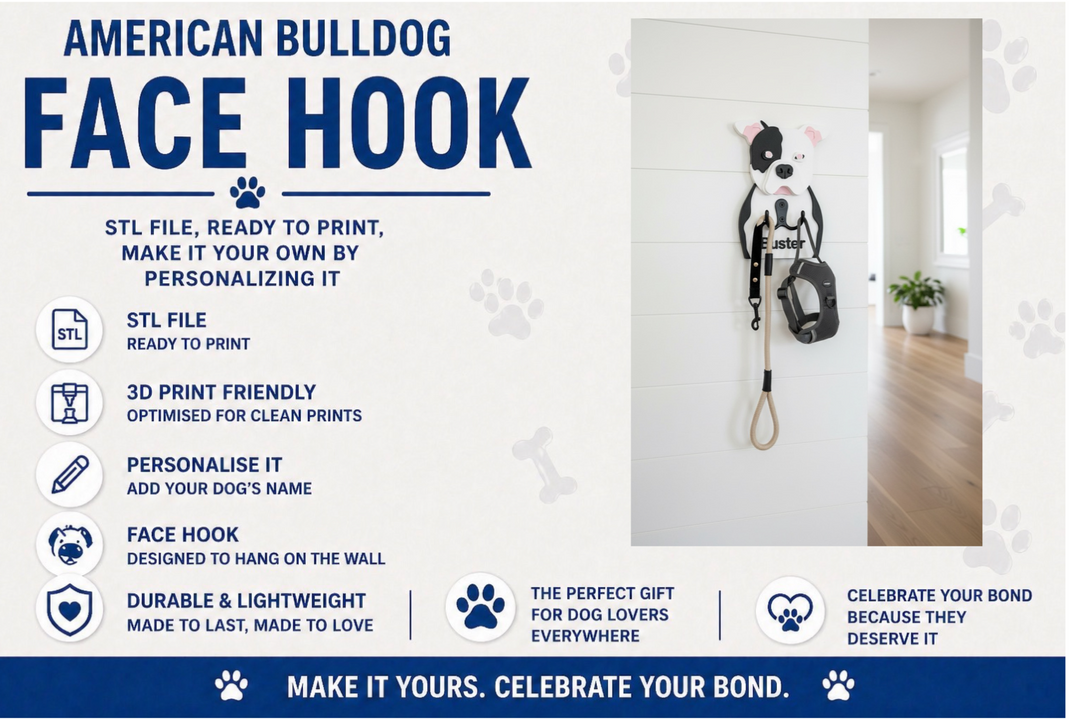 Advertisement for an American Bulldog face hook with product details and a sample installation on a wall.