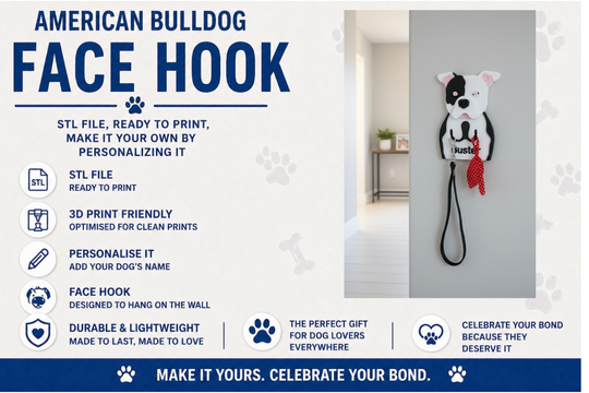 American Bulldog face hook with text about customization and features on a white background