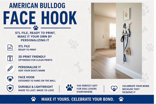 Advertisement for American Bulldog face hook with text and a photo of a dog on a wall.