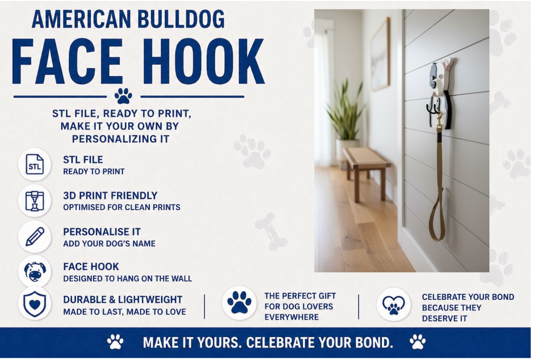 Advertisement for American Bulldog face hook with text and a photo of a hook on a wall.