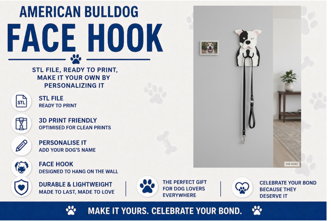 Advertisement for an American Bulldog face hook with product details and a sample installation on a wall.