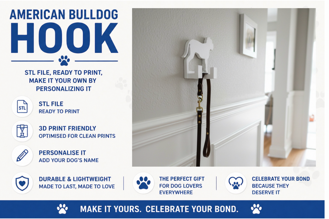 American Bulldog hook on a wall with text about customization and features.