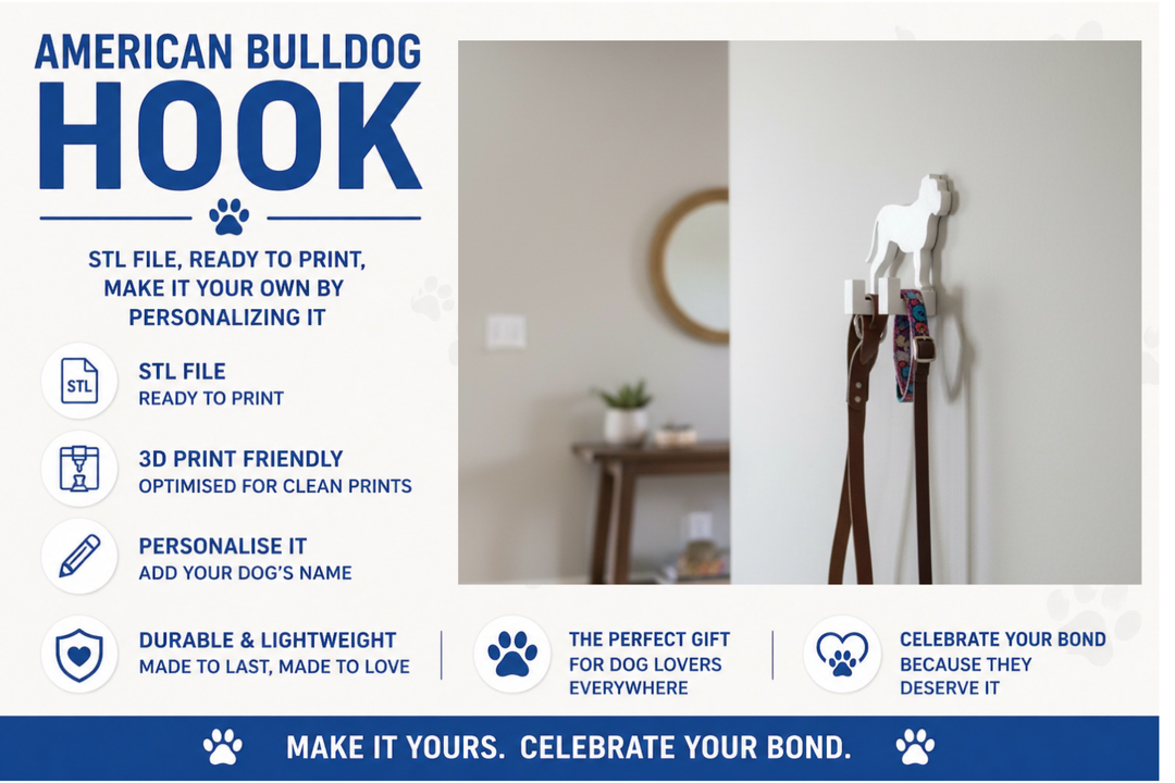 American Bulldog Wall Hook STL File for 3D Printing