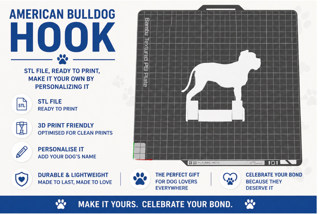 American Bulldog hook design on a cutting mat with text about 3D printing and personalization.