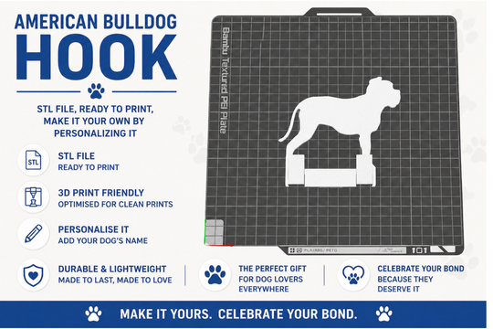 American Bulldog hook design on a cutting mat with text about 3D printing and personalization.