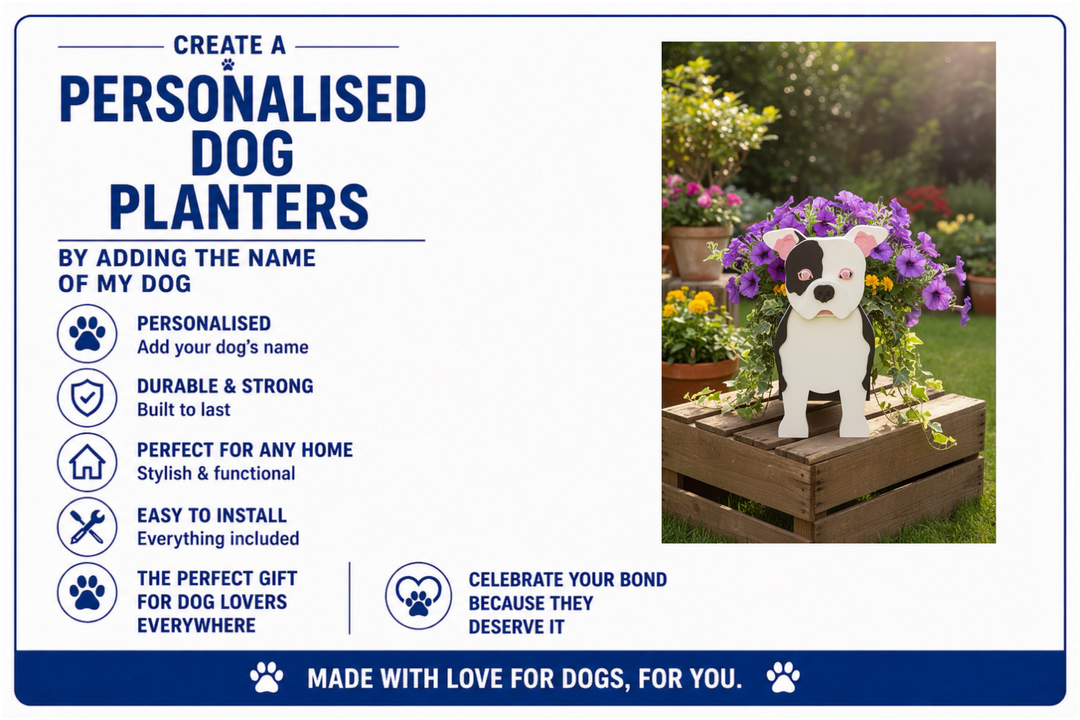 Advertisement for personalized dog planters with a dog-shaped planter and flowers in a garden setting.