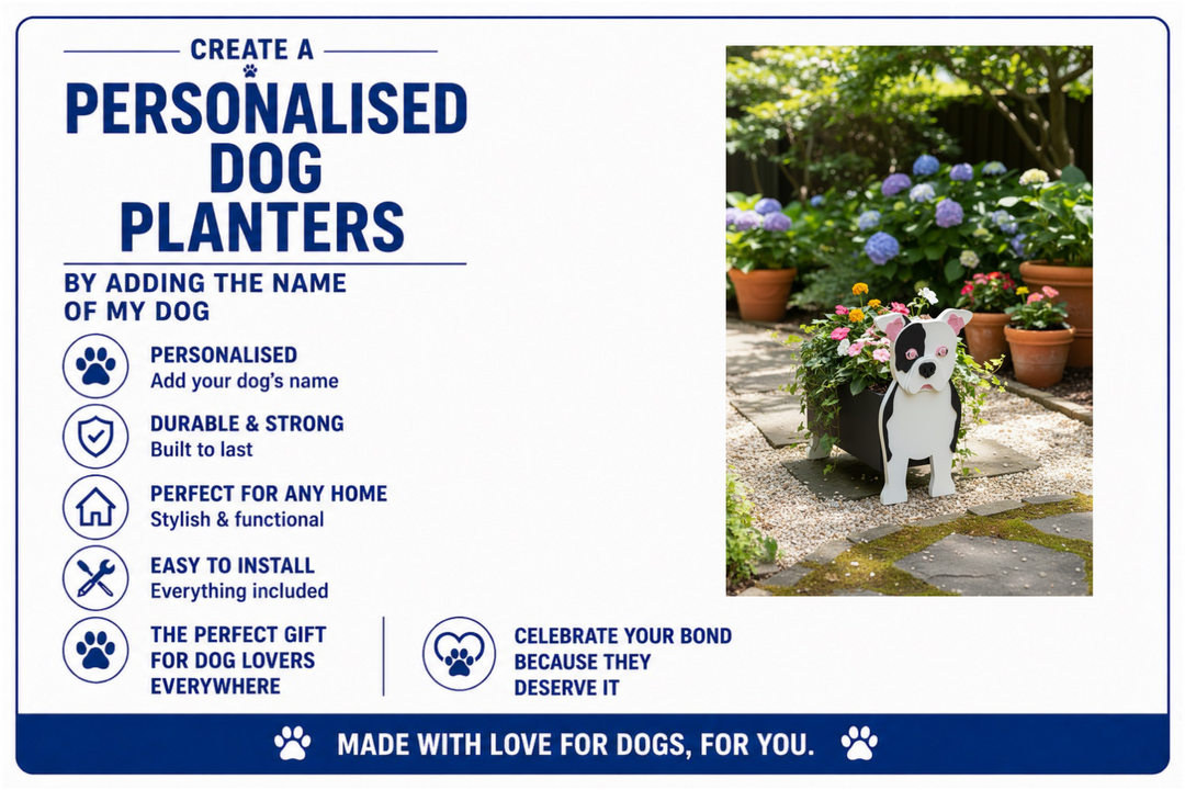 Advertisement for personalized dog planters with a photo of a planter and dog figurine in a garden setting.