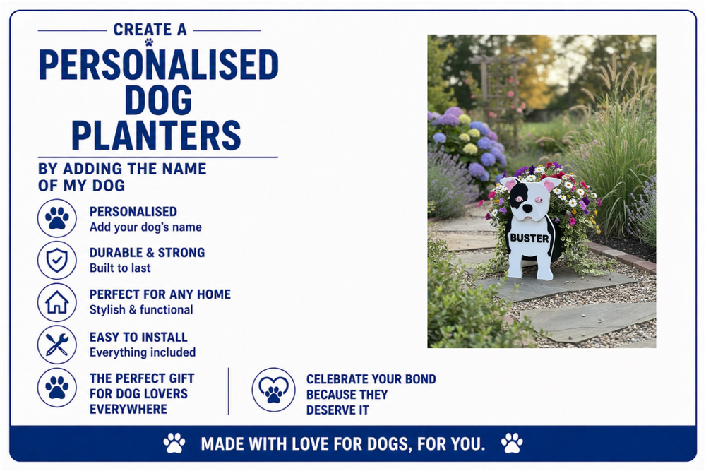 Advertisement for a personalized dog planter with a photo of a planter labeled 'Buster' in a garden setting.