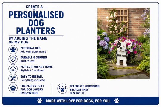 Advertisement for personalized dog planters with a photo of a planter labeled 'Buster' in a garden setting.