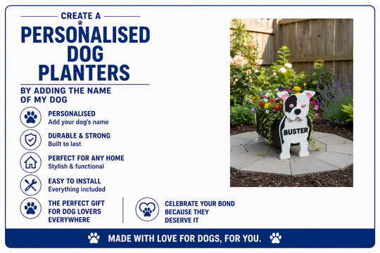 Personalised dog planter with name 'Buster' in a garden setting, featuring text about product features.