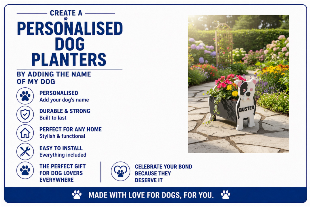 Advertisement for personalized dog planters with a photo of a planter and dog figurine in a garden setting.