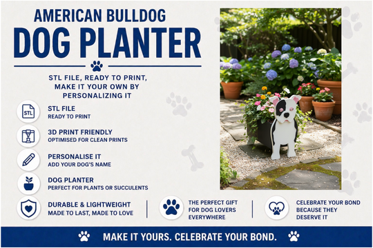 American Bulldog dog planter with promotional text on a white background