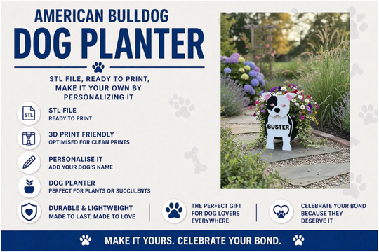 American Bulldog dog planter with customizable features on a promotional graphic.