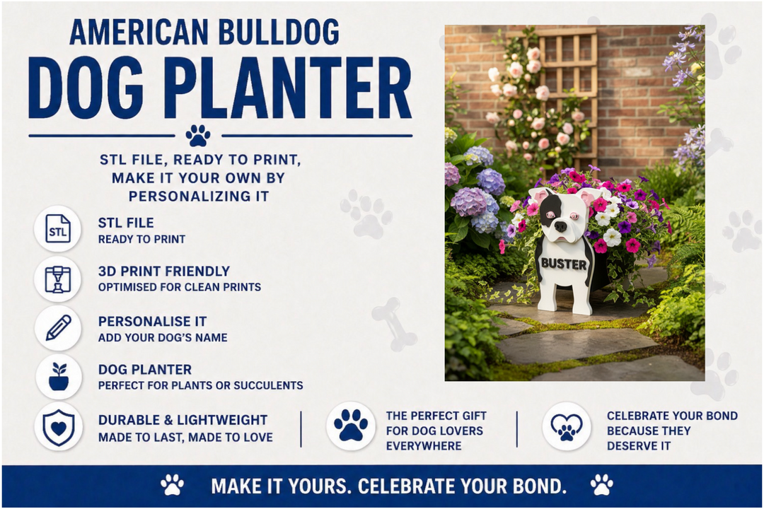 Advertisement for American Bulldog dog planter with product details and a photo of the planter in a garden.