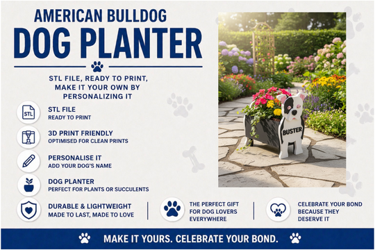 American Bulldog dog planter with customizable features on a promotional graphic.
