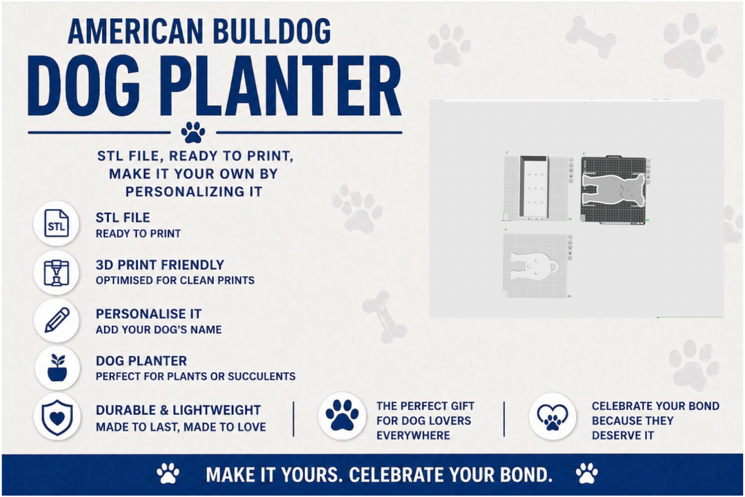 Product packaging for an American Bulldog dog planter with text and icons on a white background.