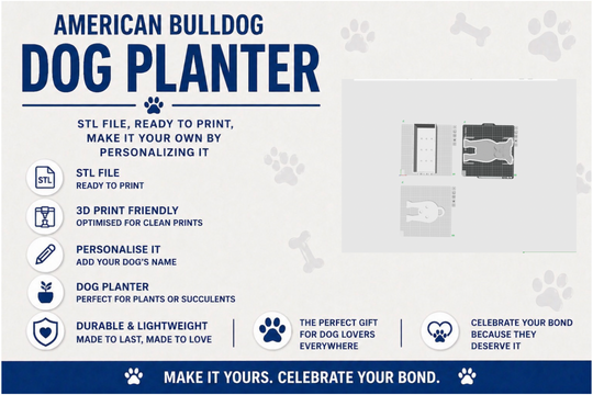 Product packaging for an American Bulldog dog planter with text and icons on a white background.