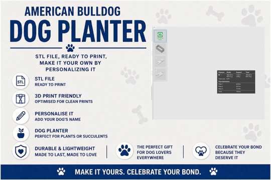 American Bulldog Dog Planter product description with features and customization options on a white background.