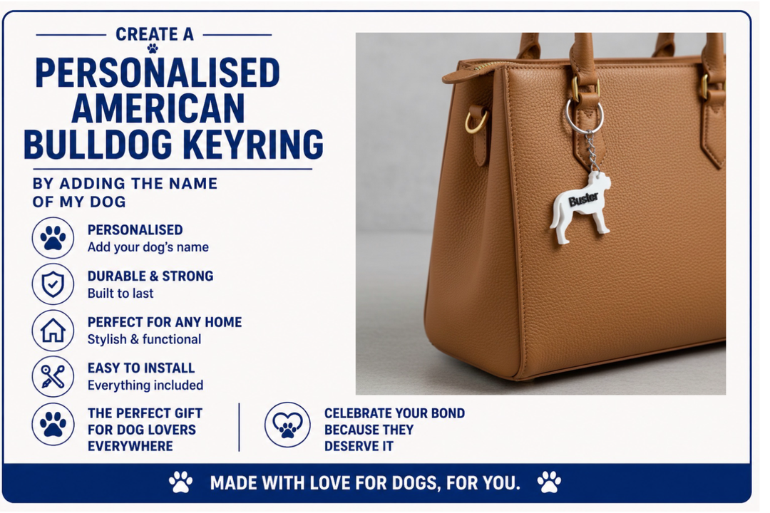 Brown handbag with a personalized American Bulldog keychain on a gray background