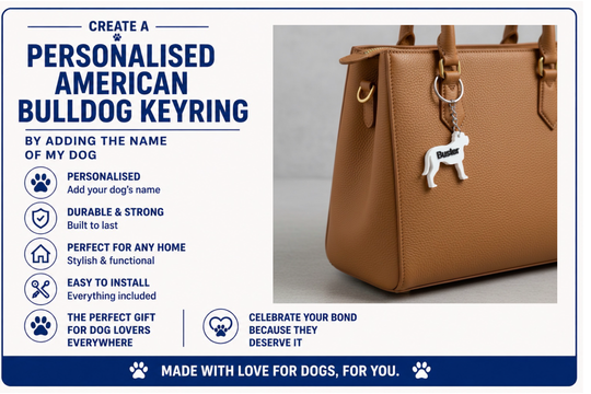 Brown handbag with a personalized American Bulldog keychain on a gray background