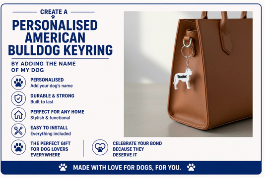 Brown leather bag with a personalized American Bulldog keychain on a white background
