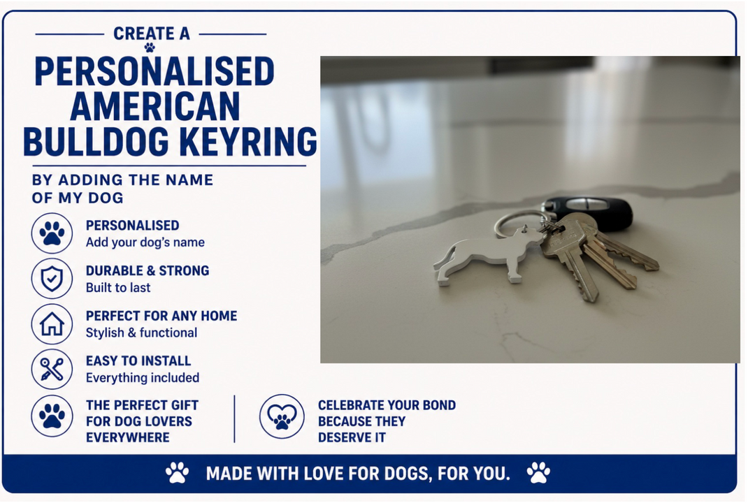 Personalised American Bulldog keyring with keys on a white surface, accompanied by promotional text.