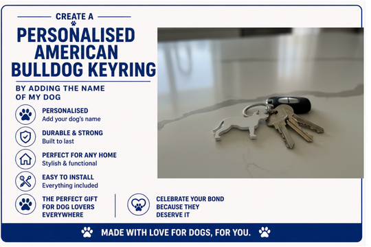 Personalised American Bulldog keyring with keys on a white surface, accompanied by promotional text.