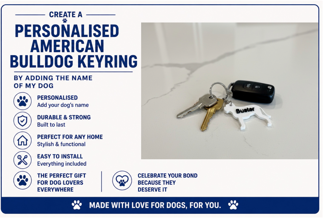Personalised American Bulldog keyring with text on a white background