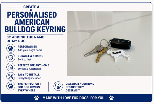 Personalised American Bulldog keyring with text on a white background
