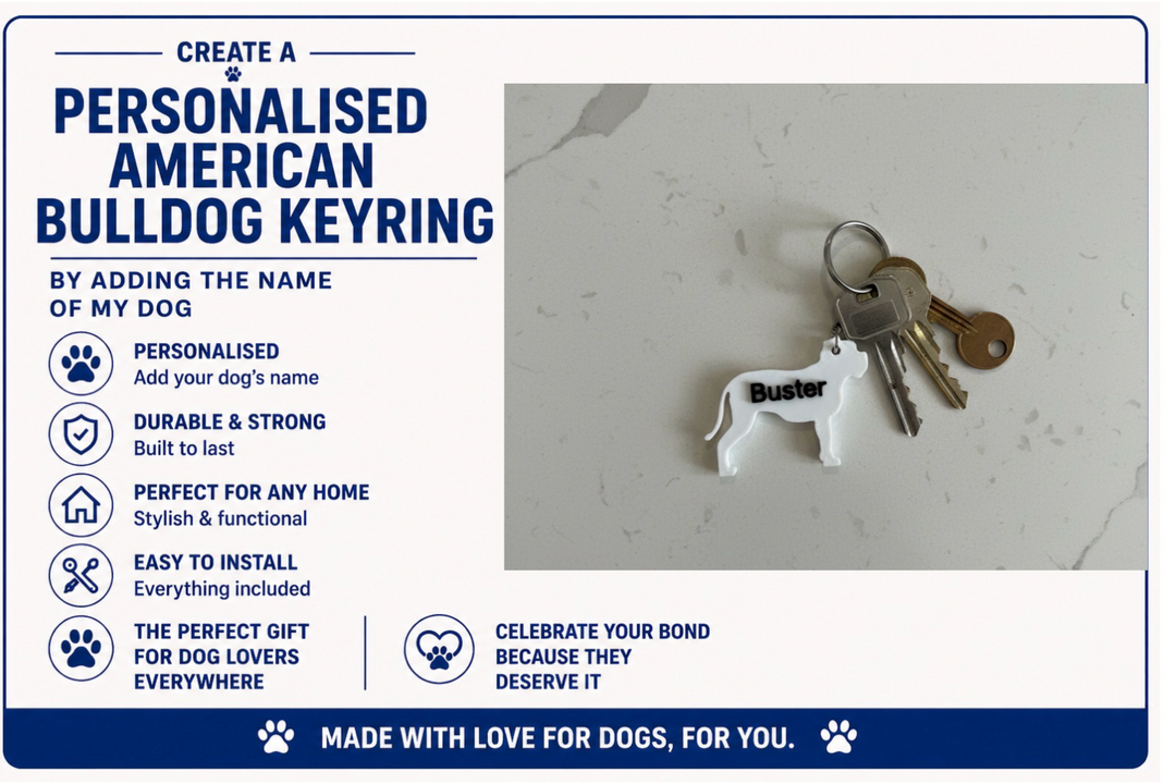 Personalised American Bulldog keyring with keys on a light gray background