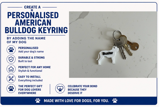 Personalised American Bulldog keyring with keys on a light gray background