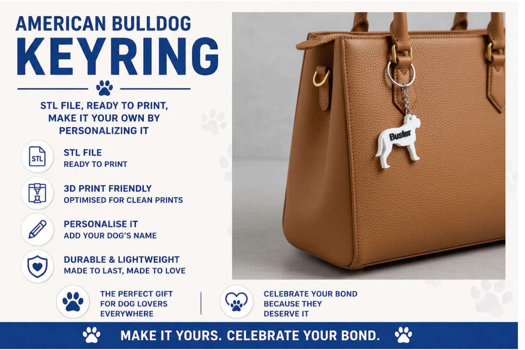 American Bulldog keyring on a brown handbag with product details.