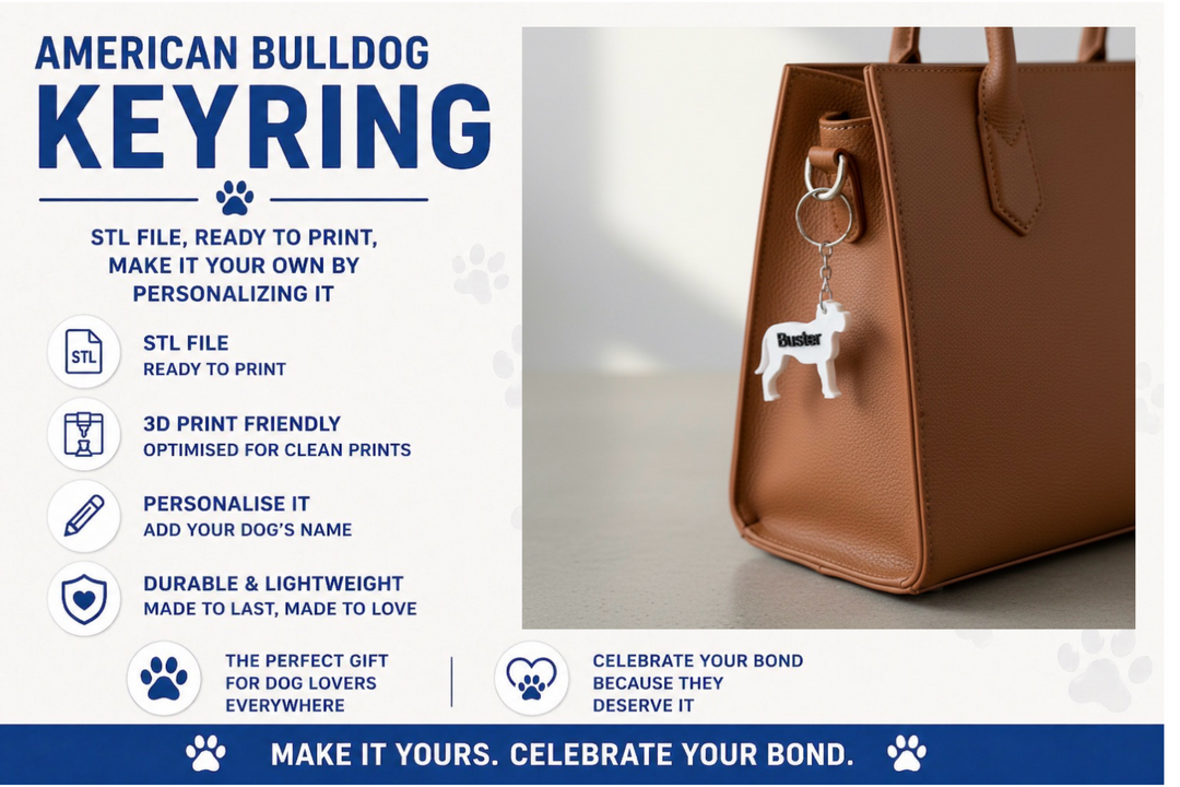 American Bulldog keyring on a brown handbag with promotional text about customizable keyring.