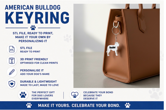 American Bulldog keyring on a brown handbag with promotional text about customizable keyring.