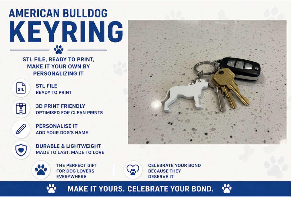 American Bulldog keyring on a surface with promotional text about 3D printing and customization.