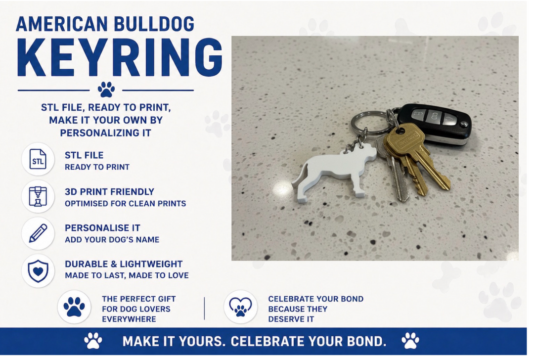 American Bulldog keyring on a surface with promotional text about 3D printing and customization.