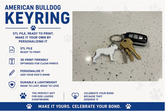 American Bulldog keyring on a surface with promotional text about 3D printing and customization.
