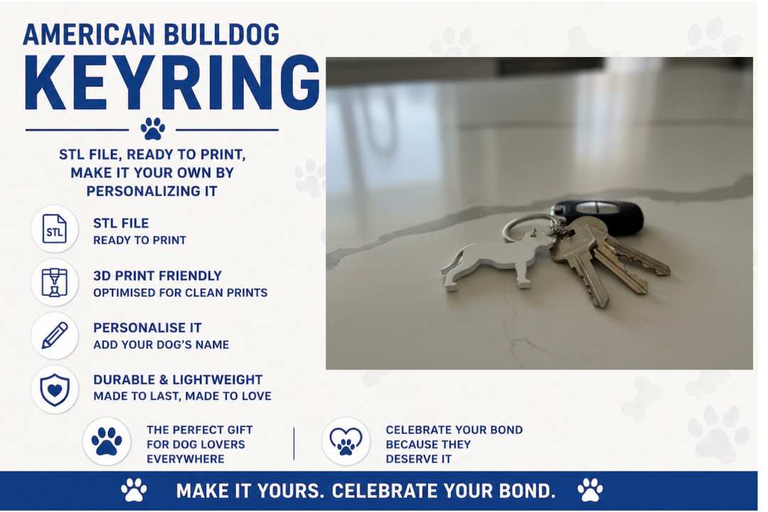 American Bulldog keyring with keys on a white surface, promotional text about the product.