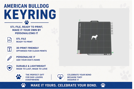 American Bulldog keyring design on a cutting mat with text about customization and features.