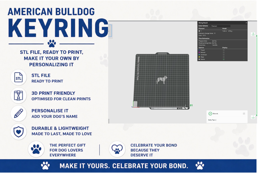 American Bulldog keyring design on a 3D printing platform with text about features and benefits.