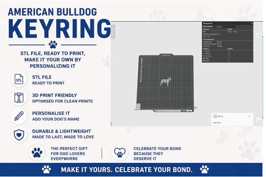 American Bulldog keyring design on a 3D printing platform with text about features and benefits.
