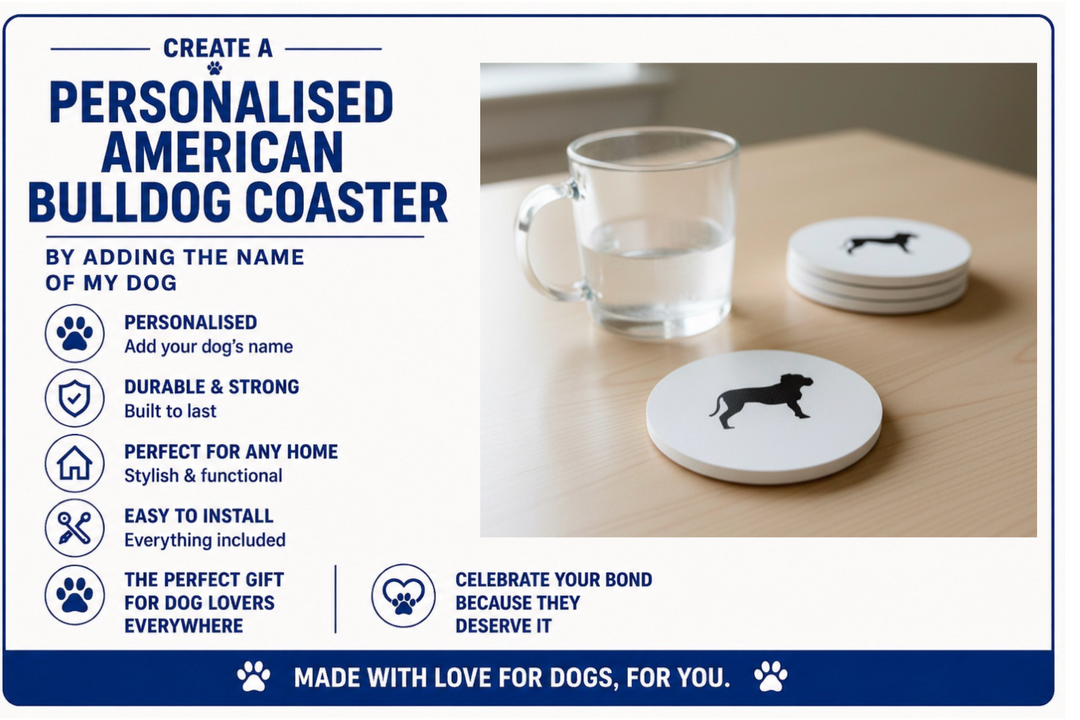 Promotional graphic for a personalised American Bulldog coaster with product features listed.