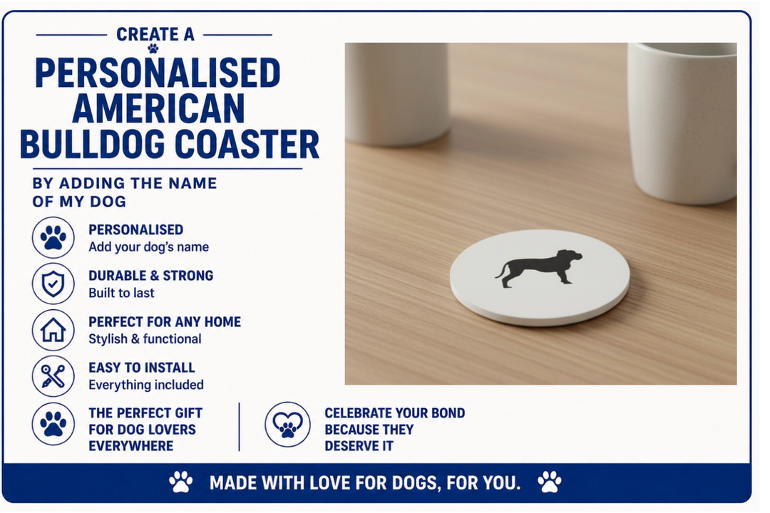 Promotional graphic for a personalised American Bulldog coaster with product features listed.