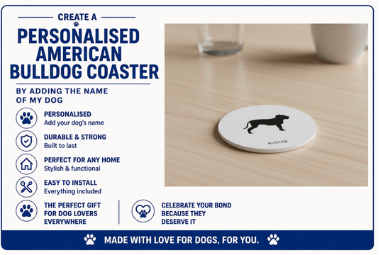 Personalised American Bulldog coaster with text detailing features and benefits on a wooden surface.