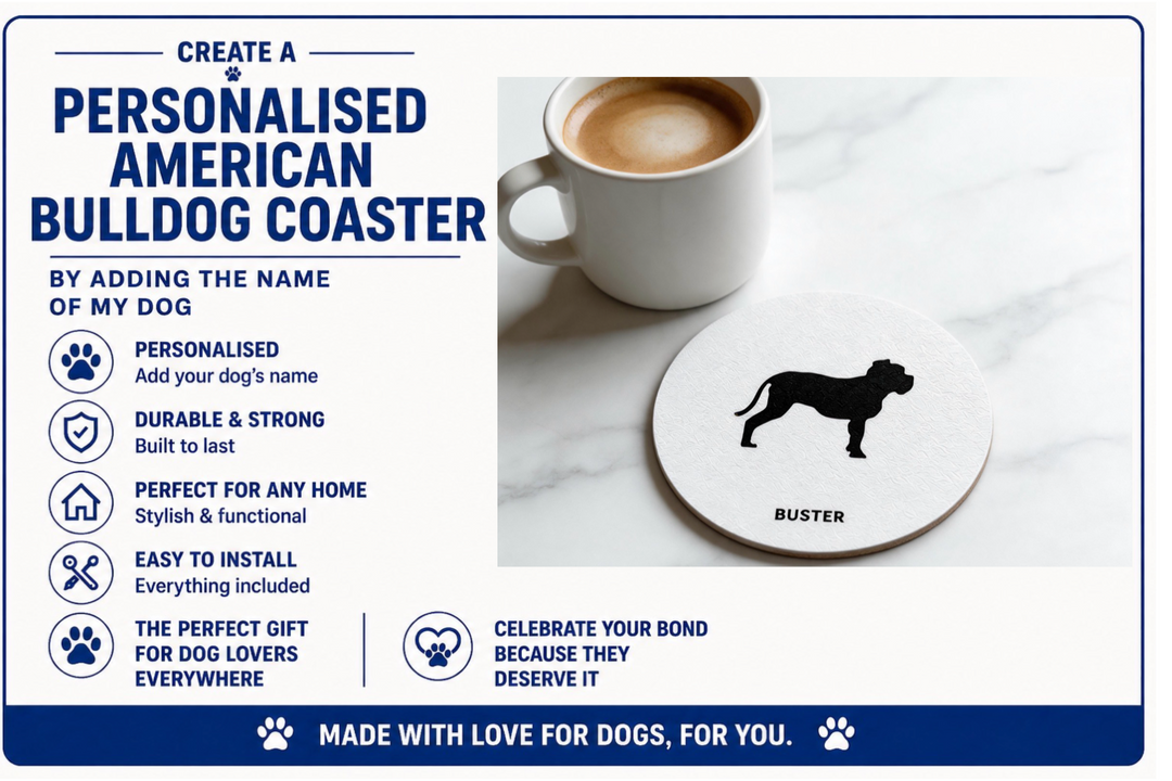 Promotional graphic for a personalised American Bulldog coaster with product features listed.