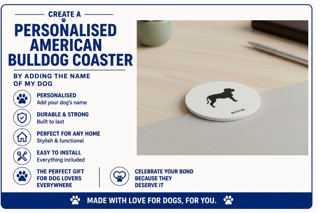 Promotional graphic for a personalised American Bulldog coaster with product features listed.